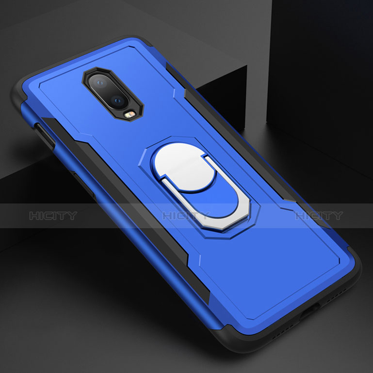 Funda Bumper Lujo Marco de Metal y Plastico Carcasa con Anillo de dedo Soporte A01 para OnePlus 6T Azul