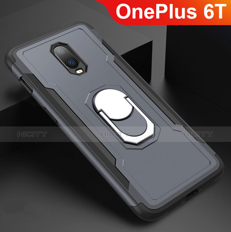 Funda Bumper Lujo Marco de Metal y Plastico Carcasa con Anillo de dedo Soporte A01 para OnePlus 6T Gris