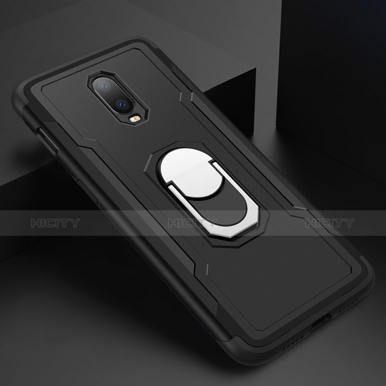 Funda Bumper Lujo Marco de Metal y Plastico Carcasa con Anillo de dedo Soporte A01 para OnePlus 6T Negro