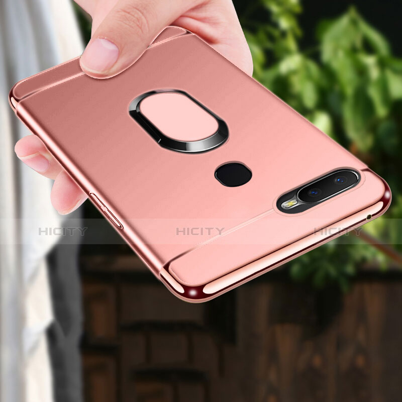 Funda Bumper Lujo Marco de Metal y Plastico Carcasa con Anillo de dedo Soporte A01 para Oppo A7 Oro Rosa