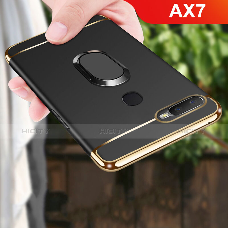 Funda Bumper Lujo Marco de Metal y Plastico Carcasa con Anillo de dedo Soporte A01 para Oppo AX7 Negro