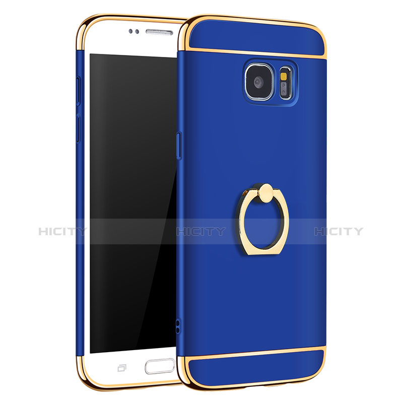 Funda Bumper Lujo Marco de Metal y Plastico Carcasa con Anillo de dedo Soporte A01 para Samsung Galaxy S7 Edge G935F Azul
