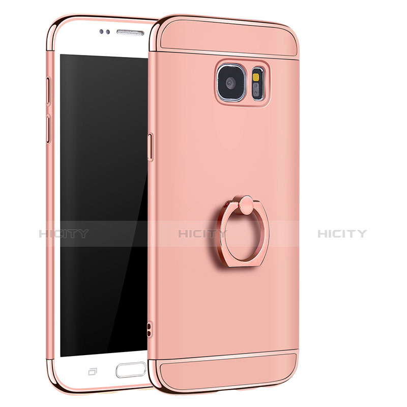 Funda Bumper Lujo Marco de Metal y Plastico Carcasa con Anillo de dedo Soporte A01 para Samsung Galaxy S7 Edge G935F Oro Rosa