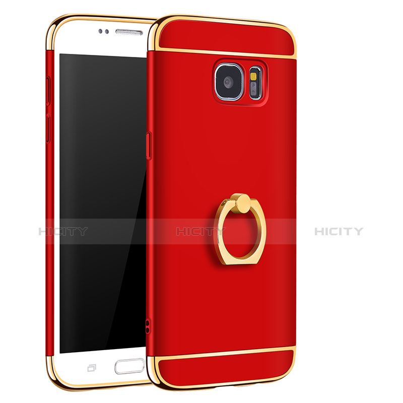 Funda Bumper Lujo Marco de Metal y Plastico Carcasa con Anillo de dedo Soporte A01 para Samsung Galaxy S7 Edge G935F Rojo