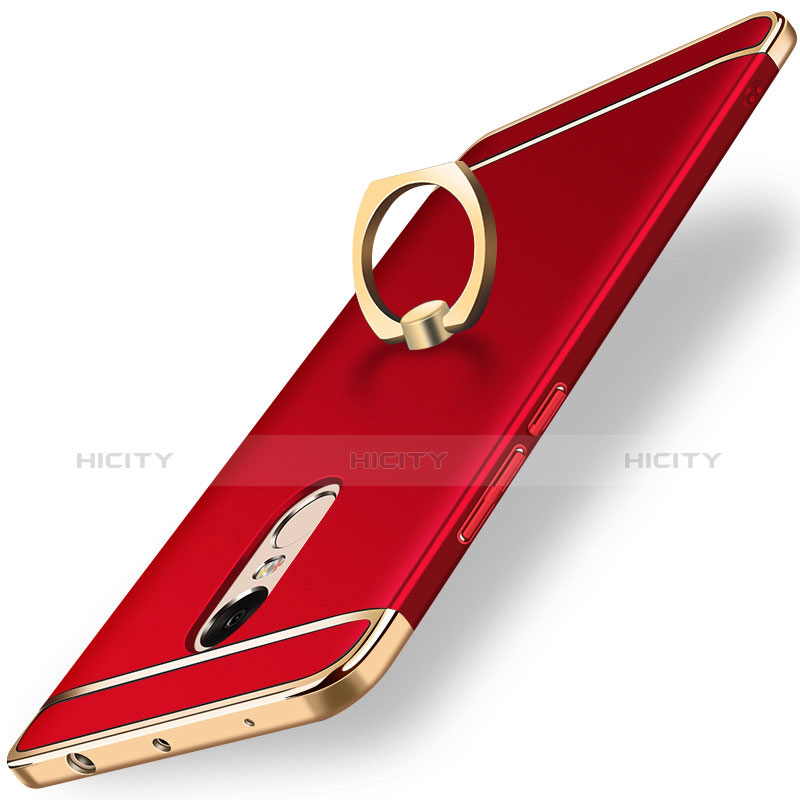 Funda Bumper Lujo Marco de Metal y Plastico Carcasa con Anillo de dedo Soporte A01 para Xiaomi Redmi Note 4X High Edition Rojo