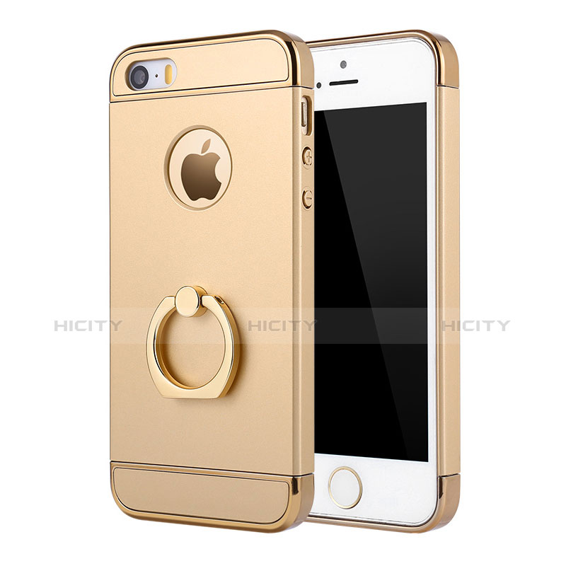 Funda Bumper Lujo Marco de Metal y Plastico Carcasa con Anillo de dedo Soporte A02 para Apple iPhone 5 Oro