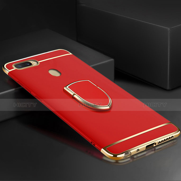 Funda Bumper Lujo Marco de Metal y Plastico Carcasa con Anillo de dedo Soporte A02 para Oppo A7 Rojo