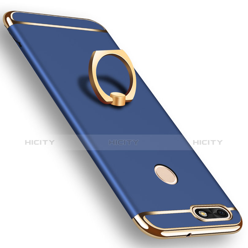 Funda Bumper Lujo Marco de Metal y Plastico Carcasa con Anillo de dedo Soporte A06 para Huawei Enjoy 7 Azul