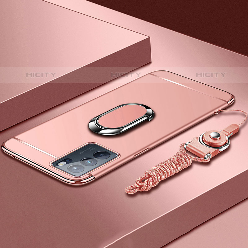 Funda Bumper Lujo Marco de Metal y Plastico Carcasa con Anillo de dedo Soporte para Oppo Reno6 Pro 5G India Oro Rosa