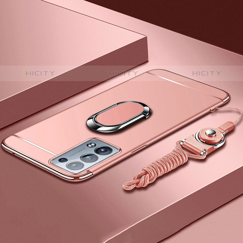 Funda Bumper Lujo Marco de Metal y Plastico Carcasa con Anillo de dedo Soporte para Oppo Reno6 Pro+ Plus 5G Oro Rosa