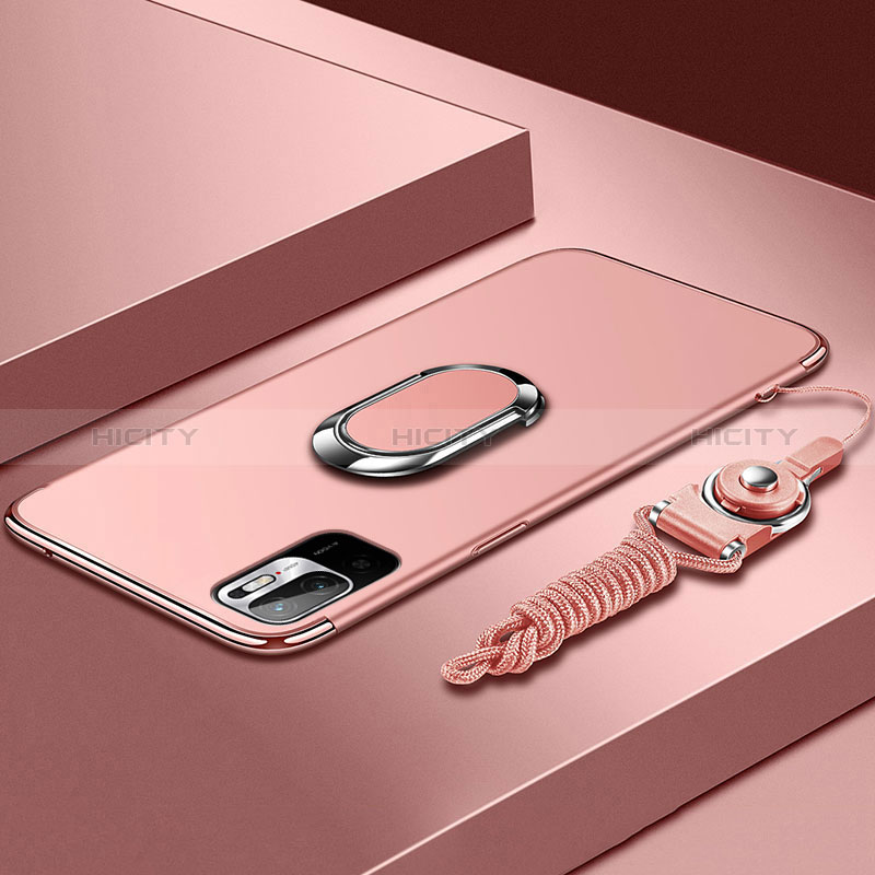 Funda Bumper Lujo Marco de Metal y Plastico Carcasa con Anillo de dedo Soporte para Xiaomi Redmi Note 10T 5G Oro Rosa