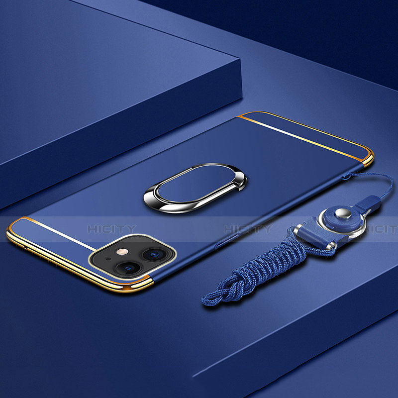Funda Bumper Lujo Marco de Metal y Plastico Carcasa con Anillo de dedo Soporte T01 para Apple iPhone 11 Azul
