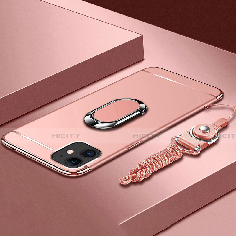 Funda Bumper Lujo Marco de Metal y Plastico Carcasa con Anillo de dedo Soporte T01 para Apple iPhone 11 Oro Rosa