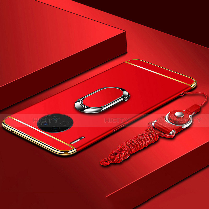 Funda Bumper Lujo Marco de Metal y Plastico Carcasa con Anillo de dedo Soporte T01 para Huawei Mate 30 5G Rojo