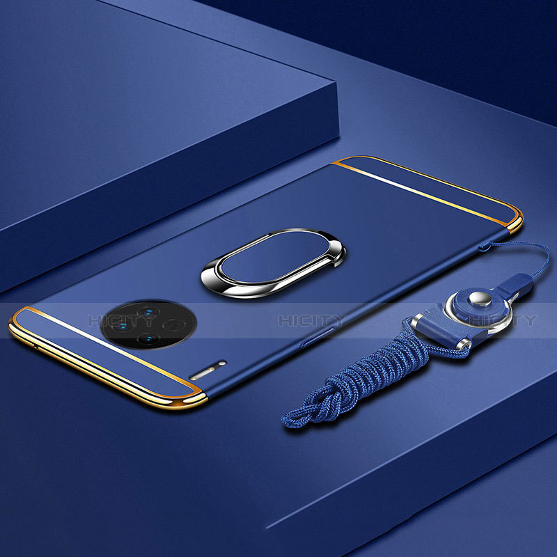 Funda Bumper Lujo Marco de Metal y Plastico Carcasa con Anillo de dedo Soporte T01 para Huawei Mate 30E Pro 5G Azul