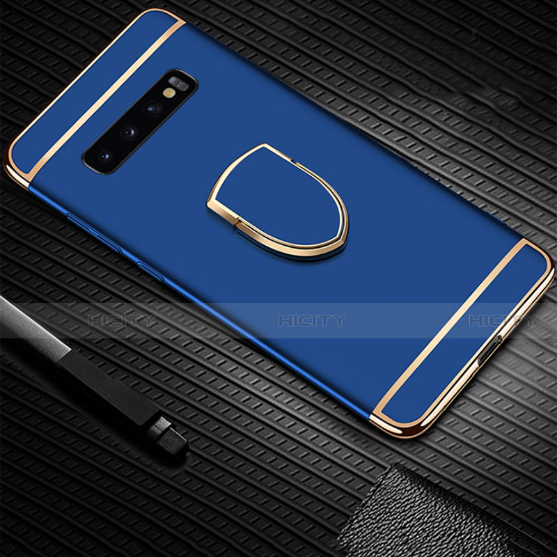 Funda Bumper Lujo Marco de Metal y Plastico Carcasa con Anillo de dedo Soporte T01 para Samsung Galaxy S10 Plus Azul