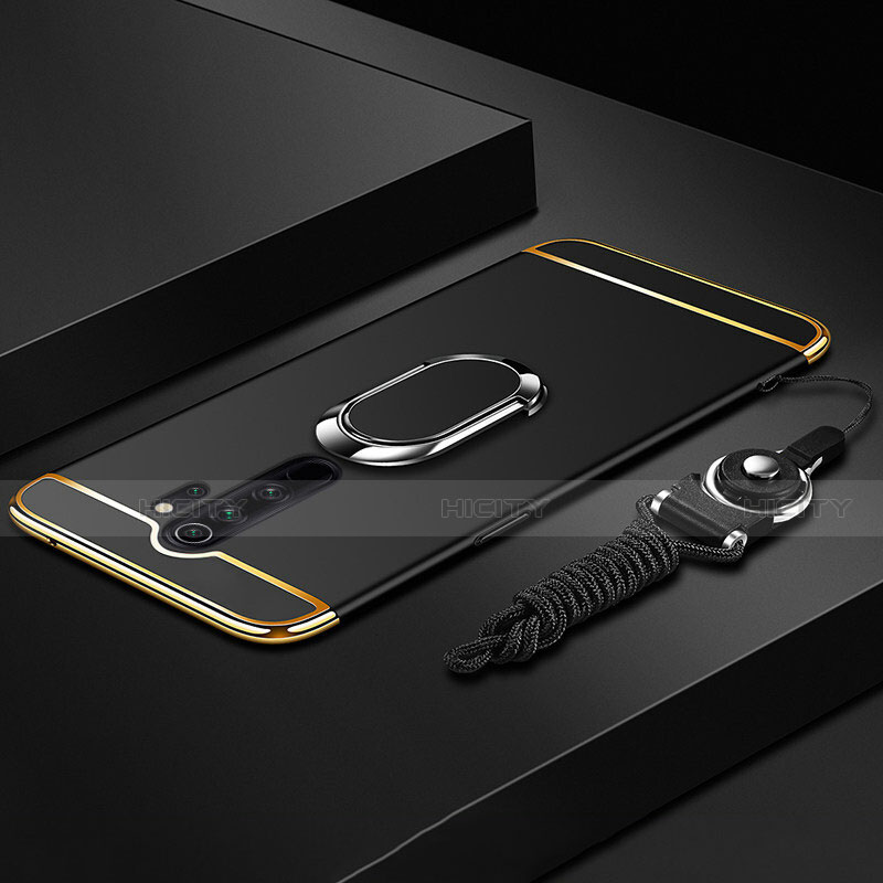 Funda Bumper Lujo Marco de Metal y Plastico Carcasa con Anillo de dedo Soporte T01 para Xiaomi Redmi Note 8 Pro Negro