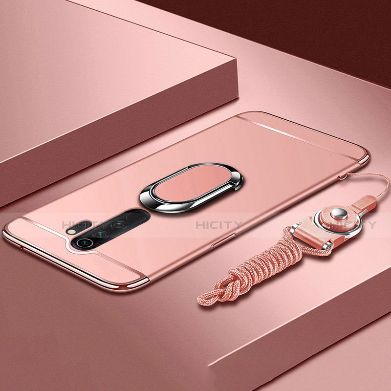 Funda Bumper Lujo Marco de Metal y Plastico Carcasa con Anillo de dedo Soporte T01 para Xiaomi Redmi Note 8 Pro Oro Rosa