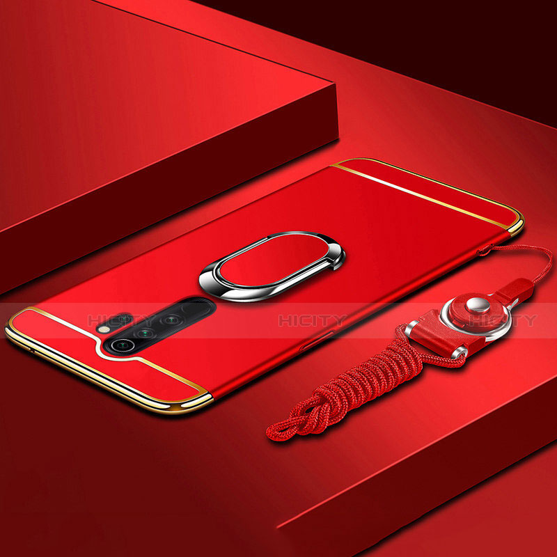 Funda Bumper Lujo Marco de Metal y Plastico Carcasa con Anillo de dedo Soporte T01 para Xiaomi Redmi Note 8 Pro Rojo