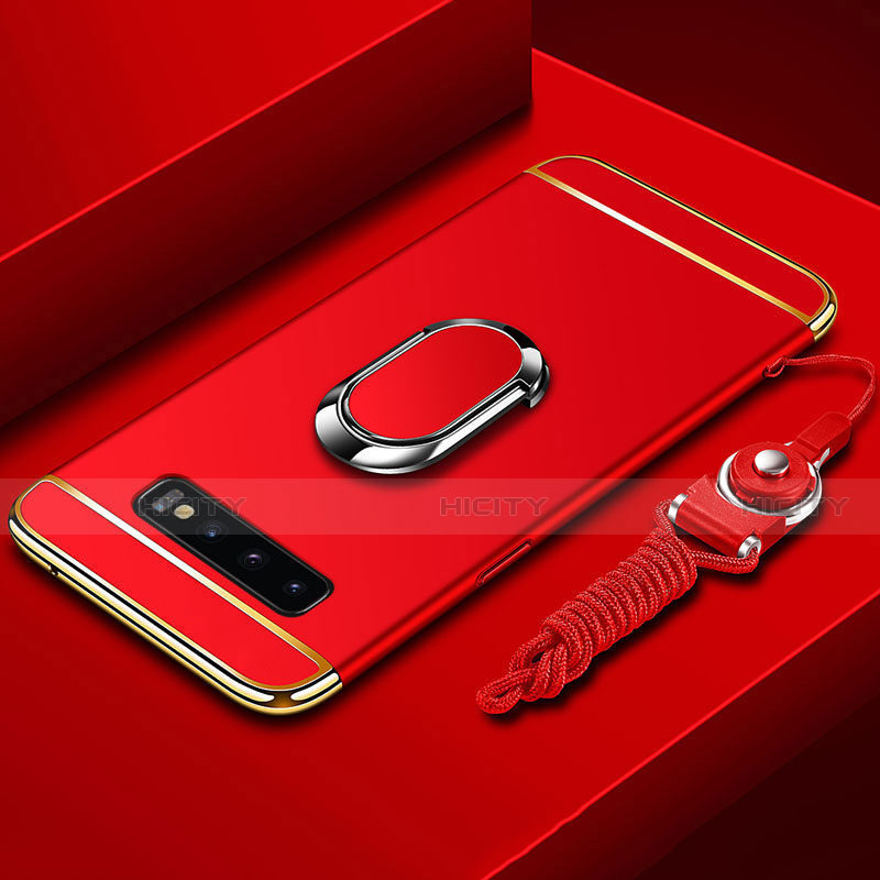 Funda Bumper Lujo Marco de Metal y Plastico Carcasa con Anillo de dedo Soporte T02 para Samsung Galaxy S10 Rojo