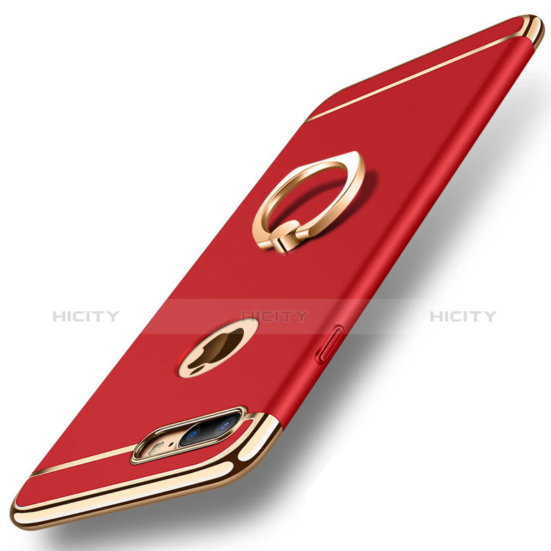 Funda Bumper Lujo Marco de Metal y Plastico Carcasa con Anillo de dedo Soporte y Lanyard A01 para Apple iPhone 7 Plus Rojo