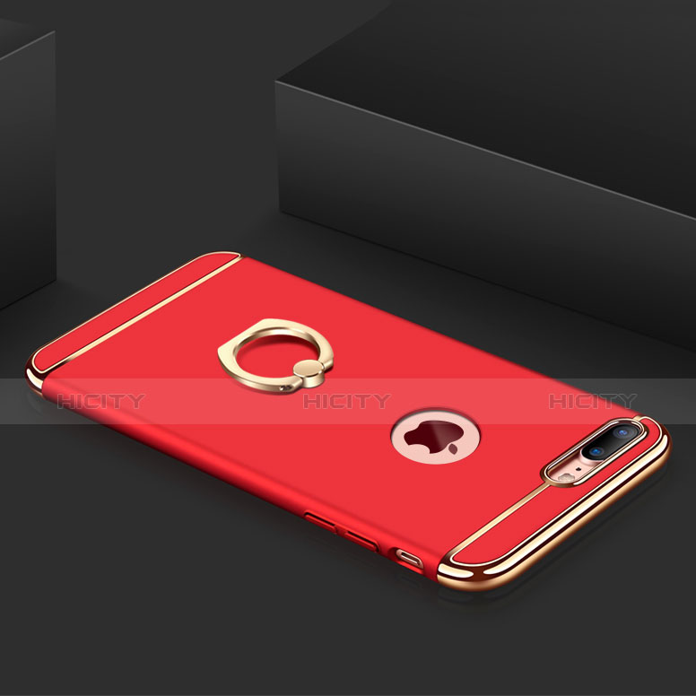 Funda Bumper Lujo Marco de Metal y Plastico Carcasa con Anillo de dedo Soporte y Lanyard A01 para Apple iPhone 7 Plus Rojo