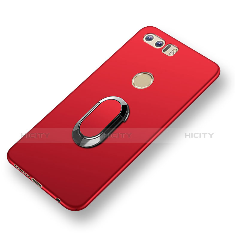 Funda Bumper Lujo Marco de Metal y Plastico Carcasa con Anillo de dedo Soporte y Lanyard A01 para Huawei Honor 8 Rojo