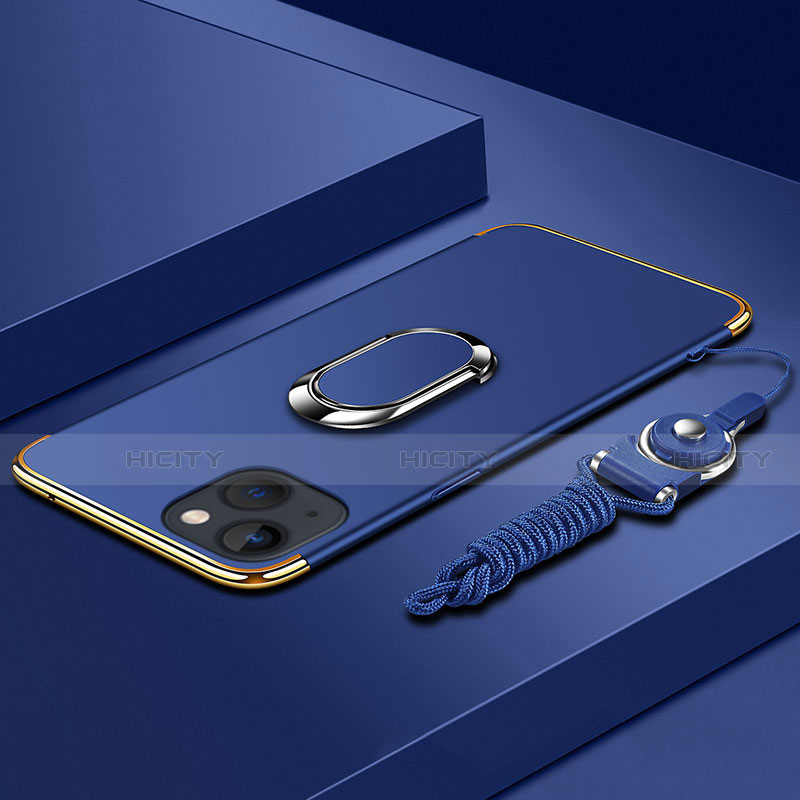 Funda Bumper Lujo Marco de Metal y Plastico Carcasa con Anillo de dedo Soporte y Lanyard para Apple iPhone 13 Azul