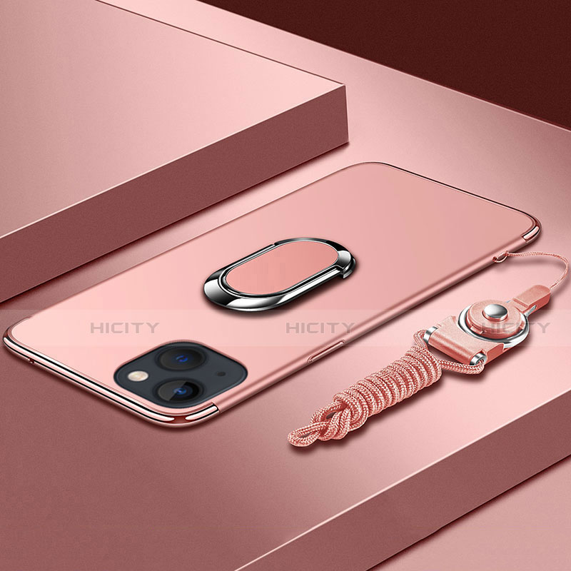 Funda Bumper Lujo Marco de Metal y Plastico Carcasa con Anillo de dedo Soporte y Lanyard para Apple iPhone 13 Mini Oro Rosa