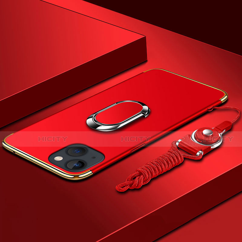 Funda Bumper Lujo Marco de Metal y Plastico Carcasa con Anillo de dedo Soporte y Lanyard para Apple iPhone 13 Rojo