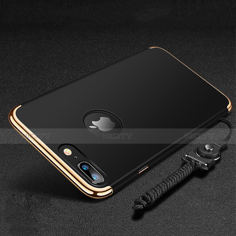 Funda Bumper Lujo Marco de Metal y Plastico Carcasa con Anillo de dedo Soporte y Lanyard para Apple iPhone 8 Plus Negro