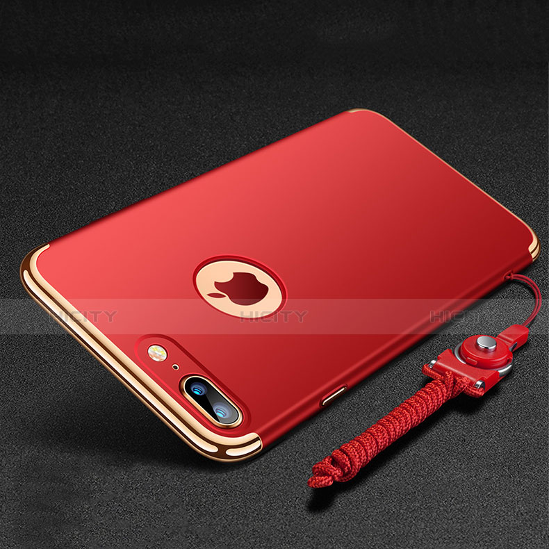 Funda Bumper Lujo Marco de Metal y Plastico Carcasa con Anillo de dedo Soporte y Lanyard para Apple iPhone 8 Plus Rojo