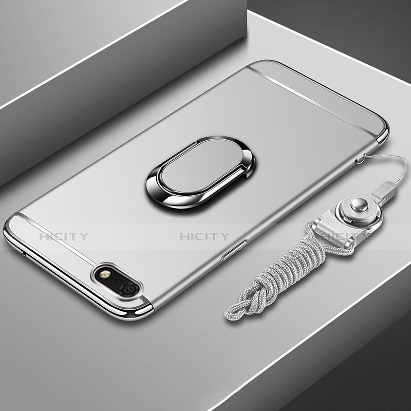 Funda Bumper Lujo Marco de Metal y Plastico Carcasa con Anillo de dedo Soporte y Lanyard para Huawei Enjoy 8e Lite