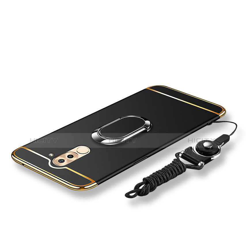 Funda Bumper Lujo Marco de Metal y Plastico Carcasa con Anillo de dedo Soporte y Lanyard para Huawei GR5 (2017) Negro