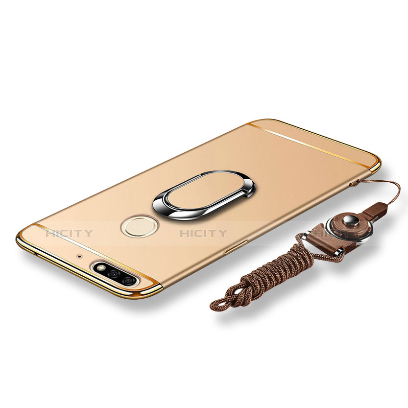 Funda Bumper Lujo Marco de Metal y Plastico Carcasa con Anillo de dedo Soporte y Lanyard para Huawei Honor 7C Oro