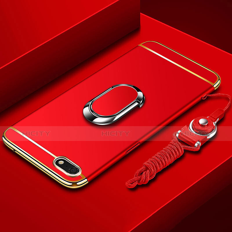 Funda Bumper Lujo Marco de Metal y Plastico Carcasa con Anillo de dedo Soporte y Lanyard para Huawei Honor 7S Rojo
