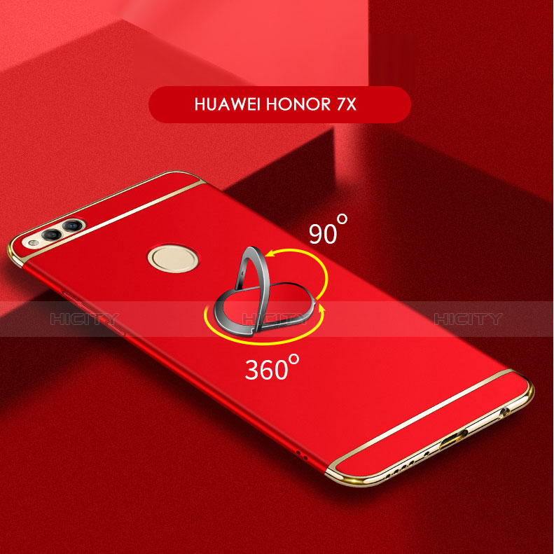 Funda Bumper Lujo Marco de Metal y Plastico Carcasa con Anillo de dedo Soporte y Lanyard para Huawei Honor 7X
