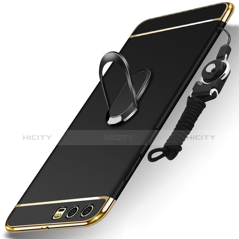 Funda Bumper Lujo Marco de Metal y Plastico Carcasa con Anillo de dedo Soporte y Lanyard para Huawei Honor 9 Premium Negro