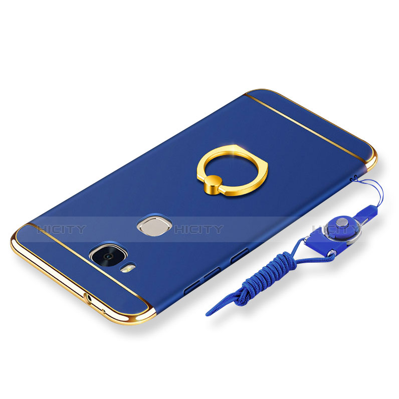 Funda Bumper Lujo Marco de Metal y Plastico Carcasa con Anillo de dedo Soporte y Lanyard para Huawei Honor Play 5X Azul