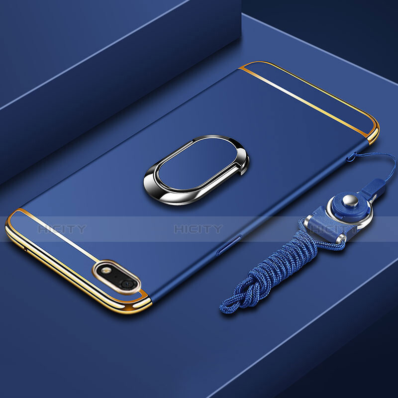 Funda Bumper Lujo Marco de Metal y Plastico Carcasa con Anillo de dedo Soporte y Lanyard para Huawei Honor Play 7 Azul