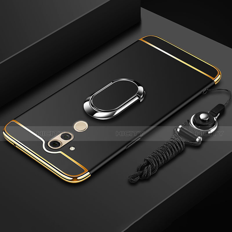 Funda Bumper Lujo Marco de Metal y Plastico Carcasa con Anillo de dedo Soporte y Lanyard para Huawei Mate 20 Lite Negro