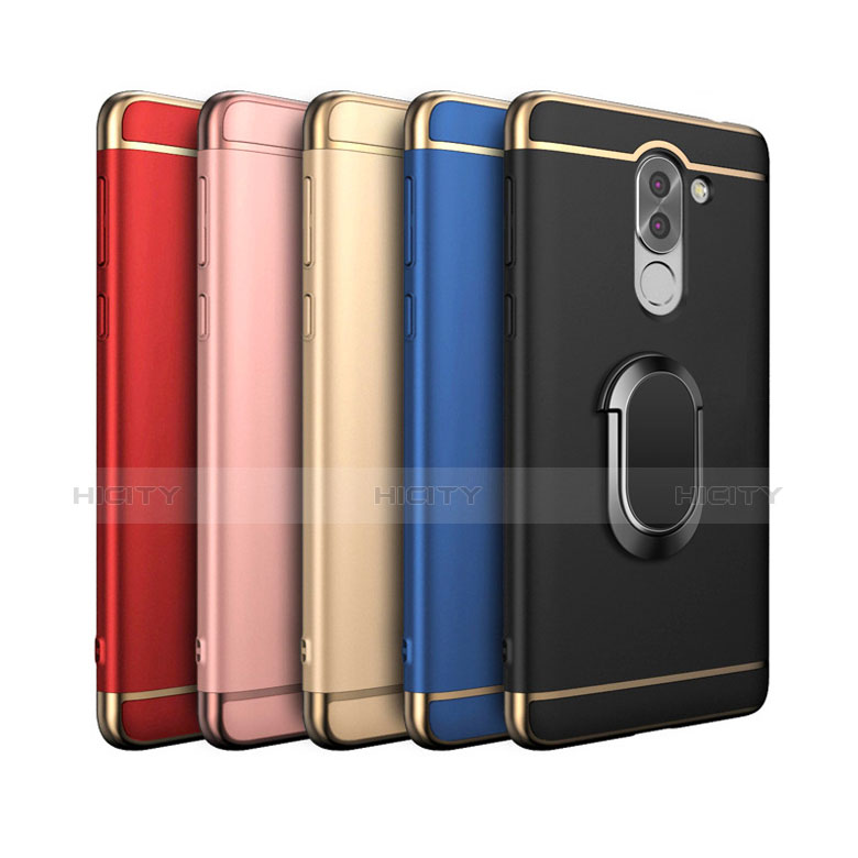 Funda Bumper Lujo Marco de Metal y Plastico Carcasa con Anillo de dedo Soporte y Lanyard para Huawei Mate 9 Lite