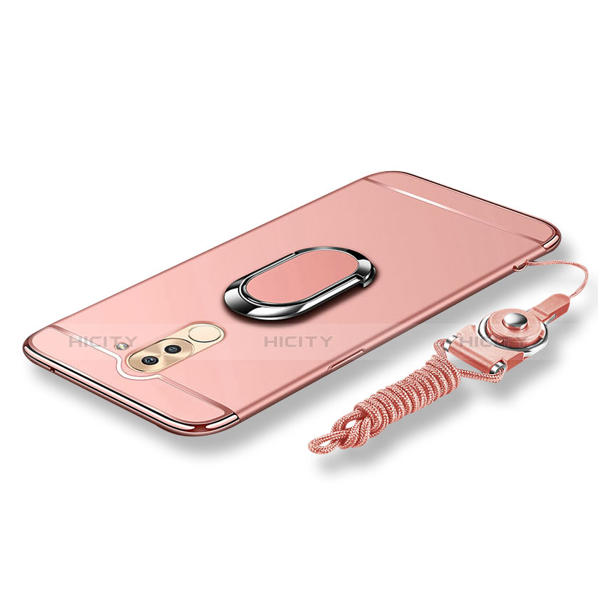 Funda Bumper Lujo Marco de Metal y Plastico Carcasa con Anillo de dedo Soporte y Lanyard para Huawei Mate 9 Lite Oro Rosa