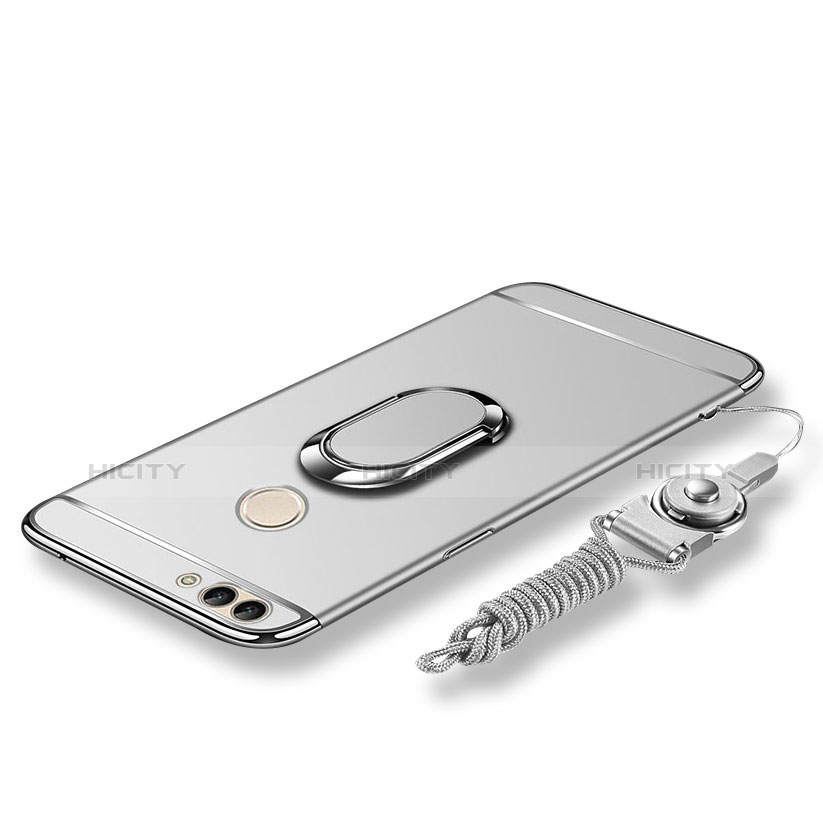 Funda Bumper Lujo Marco de Metal y Plastico Carcasa con Anillo de dedo Soporte y Lanyard para Huawei P Smart Plata