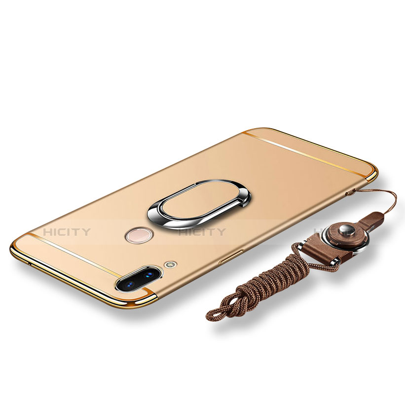 Funda Bumper Lujo Marco de Metal y Plastico Carcasa con Anillo de dedo Soporte y Lanyard para Huawei P20 Lite Oro