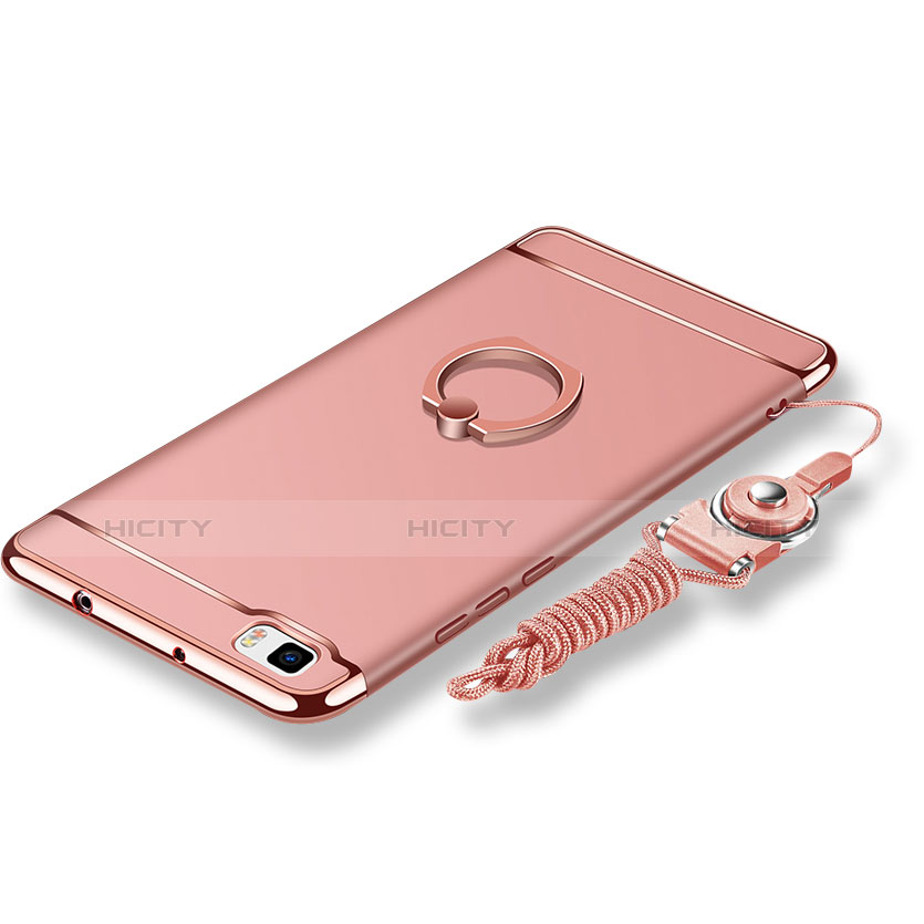 Funda Bumper Lujo Marco de Metal y Plastico Carcasa con Anillo de dedo Soporte y Lanyard para Huawei P8 Lite Oro Rosa