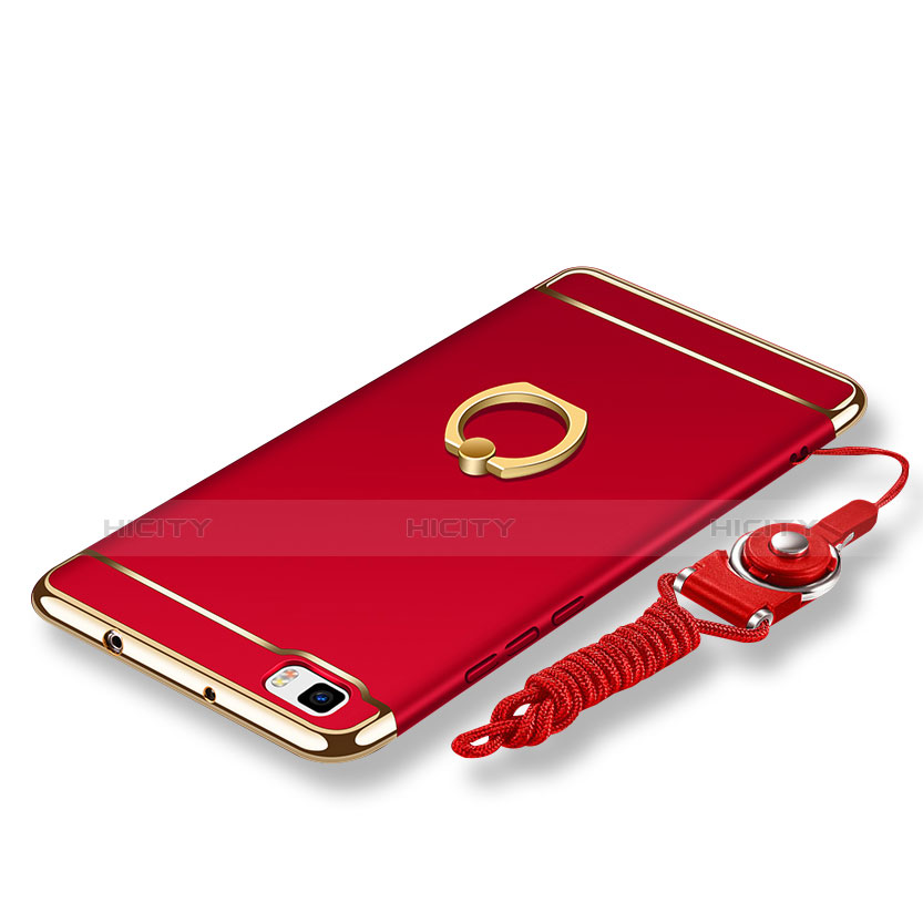 Funda Bumper Lujo Marco de Metal y Plastico Carcasa con Anillo de dedo Soporte y Lanyard para Huawei P8 Lite Rojo