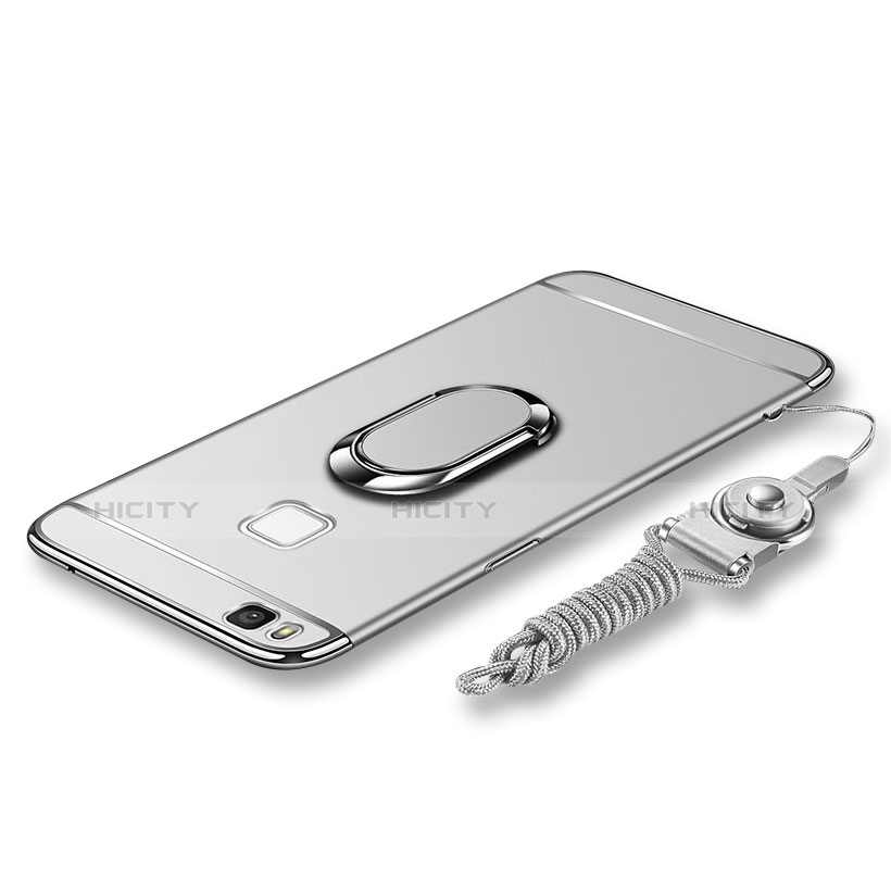 Funda Bumper Lujo Marco de Metal y Plastico Carcasa con Anillo de dedo Soporte y Lanyard para Huawei P9 Lite Plata