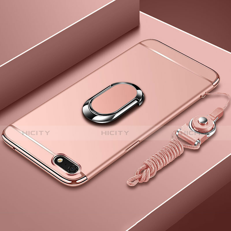 Funda Bumper Lujo Marco de Metal y Plastico Carcasa con Anillo de dedo Soporte y Lanyard para Huawei Y5 (2018) Oro Rosa