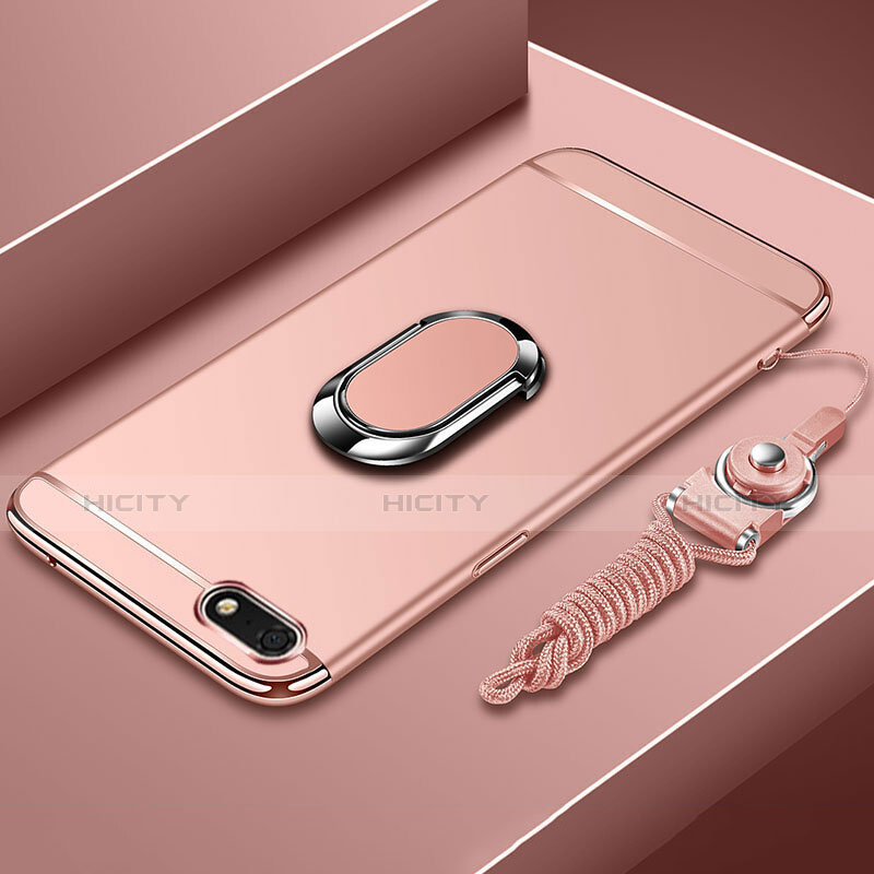 Funda Bumper Lujo Marco de Metal y Plastico Carcasa con Anillo de dedo Soporte y Lanyard para Huawei Y5 Prime (2018) Oro Rosa